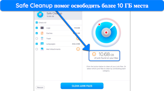 Снимок экрана с результатами сканирования Safe Cleanup MacKeeper