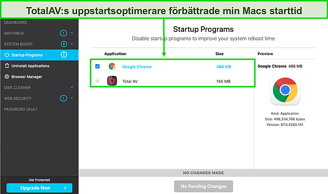 Skärmdump av TotalAV startoptimerare som körs på Mac