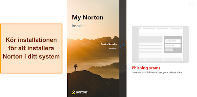 Skärmdump som visar Nortons pågående installation på Windows