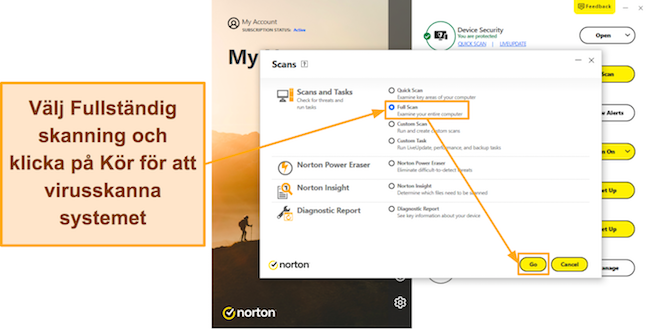 Skärmdump som visar hur du startar Nortons Full Scan
