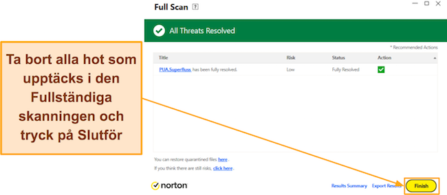 Skärmdump som visar hur du avslutar Nortons Full Scan