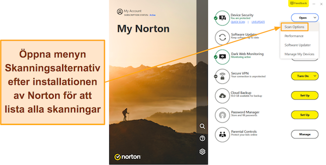 Skärmdump som visar hur du kommer åt Nortons meny för skanningsalternativ