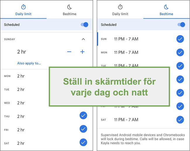 Skärmdump av Google Family Links skärmtid för varje dag och natt