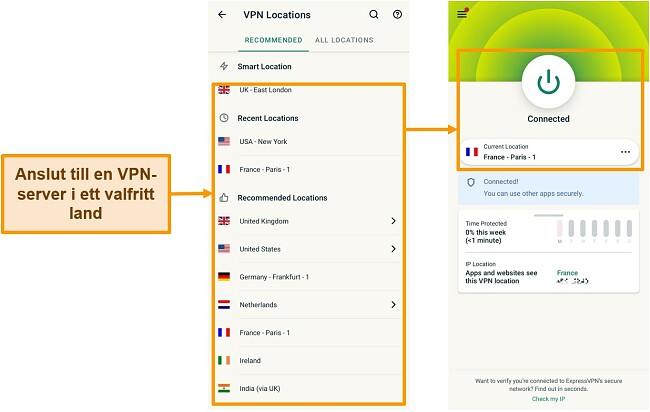 Skärmdumpar för anslutning till en VPN-server