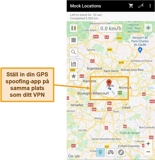 Skärmdump för att ändra plats i en GPS-spoofing-app