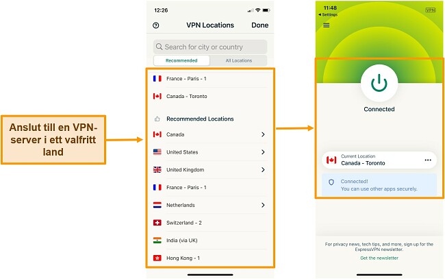 Skärmdump för anslutning till Canada-servern i ExpressVPN iOS-appen