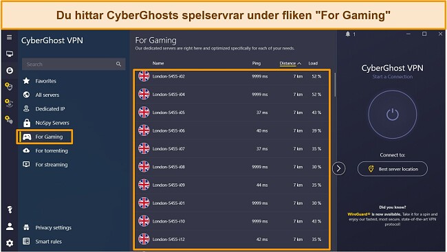 Skärmdump av CyberGhosts spelservrar