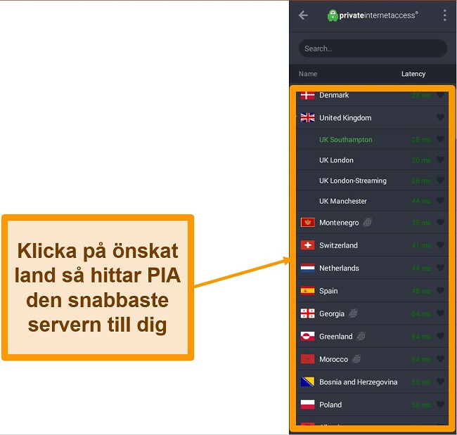 Skärmdump av PIA: s serverlista