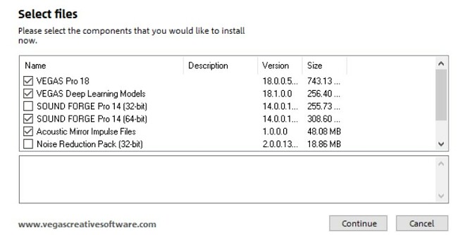 Select the Components for VEGAS Pro