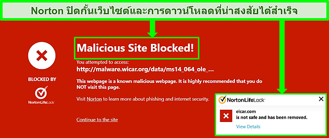 ภาพหน้าจอของ Norton 360 บล็อกรายการที่เป็นอันตราย