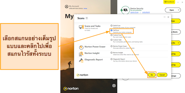 ภาพหน้าจอแสดงวิธีเริ่มการสแกนแบบเต็มของ Norton