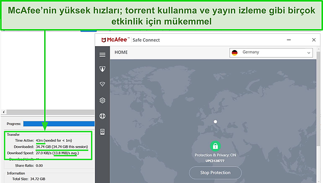 Sunucuya bağlanan McAfee Safe Connect VPN ekran görüntüsü