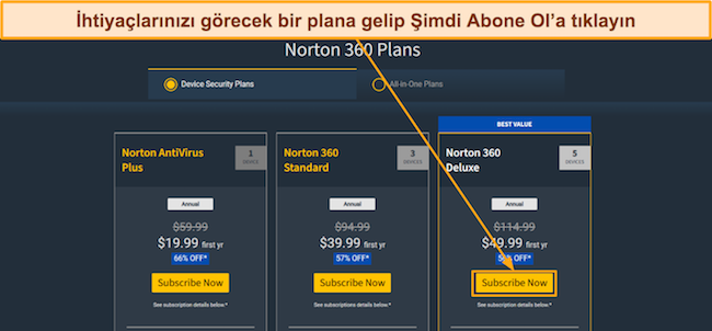 Norton'un fiyat planlarının ekran görüntüsü