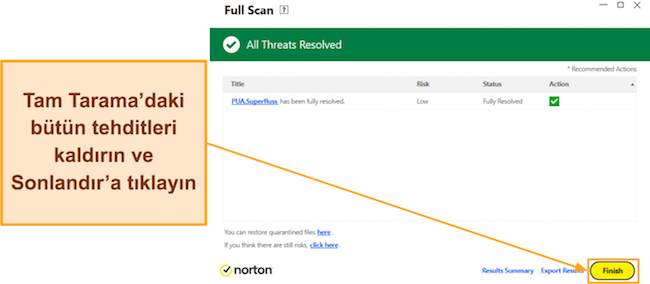 Norton'un Tam Taramasının nasıl tamamlanacağını gösteren ekran görüntüsü