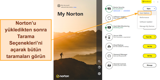 Norton'un Tarama Seçenekleri Menüsüne nasıl erişileceğini gösteren ekran görüntüsü