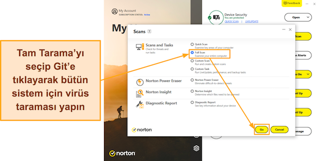 Norton'un Tam Taramasının nasıl başlatılacağını gösteren ekran görüntüsü