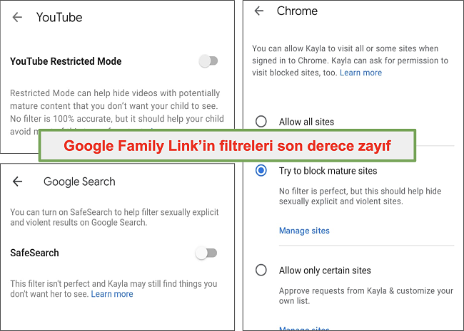 Google Family Link'in oldukça zayıf filtrelerinin ekran görüntüsü