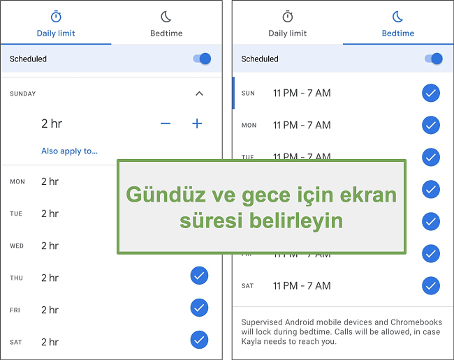 Google Family Link'in her gün ve gece için ekran süresi ayarlarının ekran görüntüsü