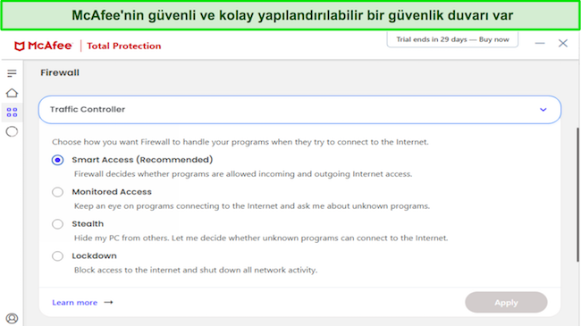 McAfee antivirüs güvenlik duvarı özelleştirme ekran görüntüsü