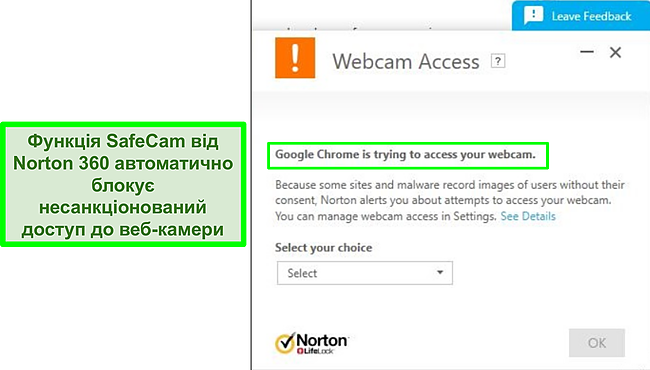 Знімок екрана Norton блокує спробу Google Chrome отримати доступ до веб-камери.