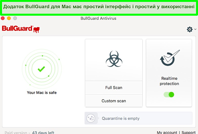 Знімок екрана інтерфейсу програми BullGuard на Mac.