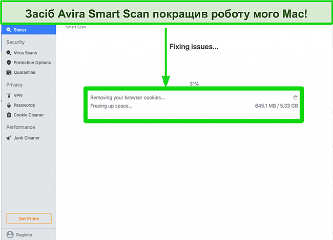 Знімок екрана розумного сканування Avira, що видаляє перегляд файлів cookie на Mac