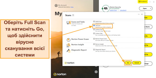 Знімок екрана, на якому показано, як запустити повне сканування Norton