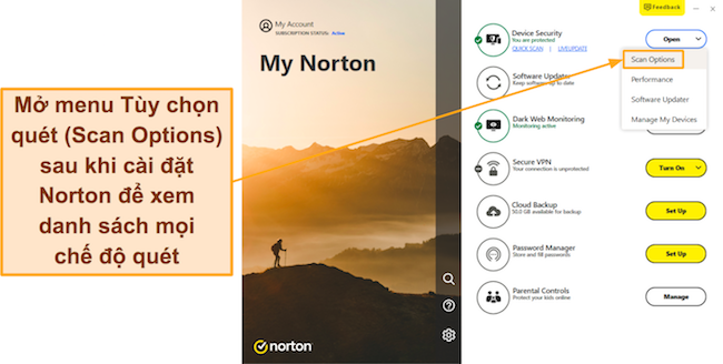Ảnh chụp màn hình hiển thị cách truy cập Menu Tùy chọn Quét của Norton