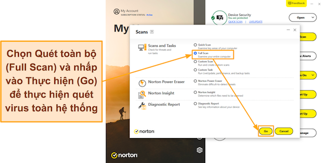 Ảnh chụp màn hình hiển thị cách bắt đầu Quét toàn bộ của Norton