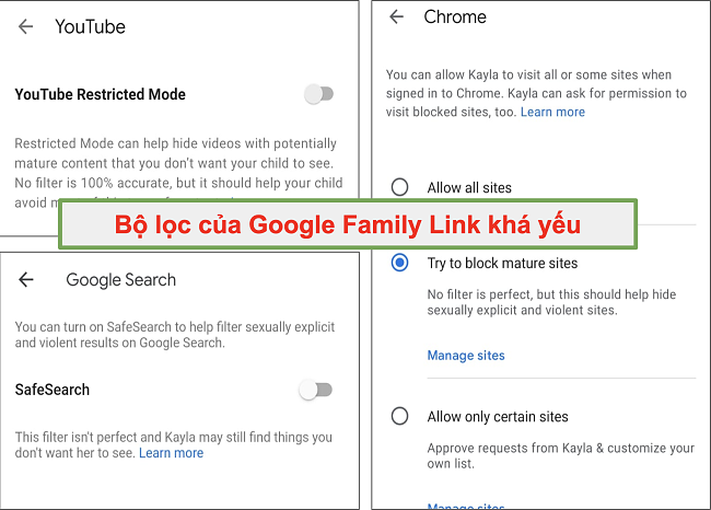 Ảnh chụp màn hình các bộ lọc khá yếu của Google Family Link