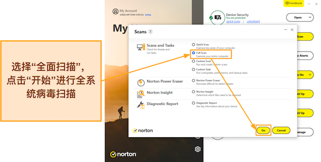 显示如何启动诺顿全面扫描的屏幕截图