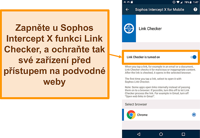 Screenshot kontroly odkazů na bezplatnou aplikaci pro Android od Sophos Intercept X.