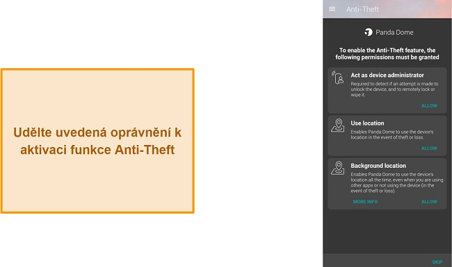 Povolení proti krádeži v aplikaci Panda Dome