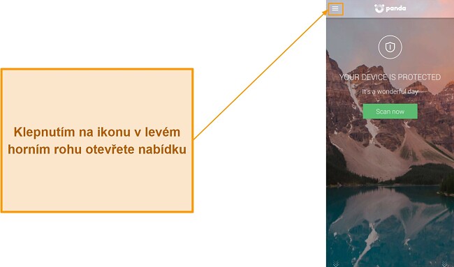 Otevírání hlavního menu v aplikaci Panda Dome