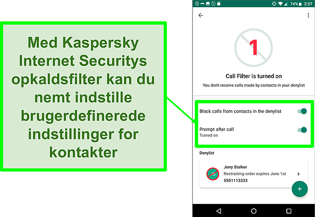 Skærmbillede af Kaspersky Internet Securitys opkaldsfilterfunktion på en Android-mobilenhed