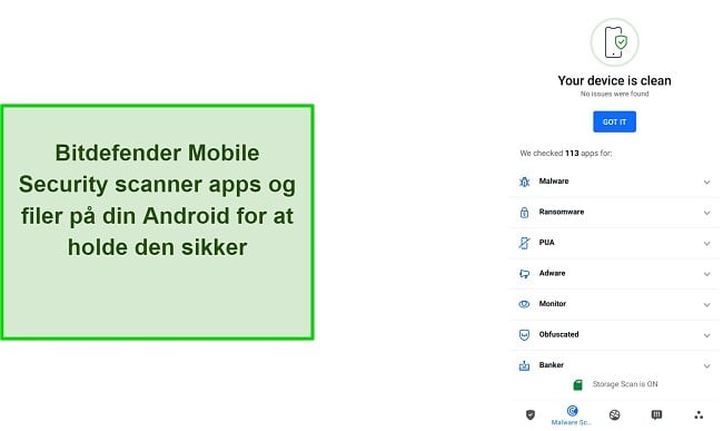 Resultater fra Bitdefender Mobile Security scanning