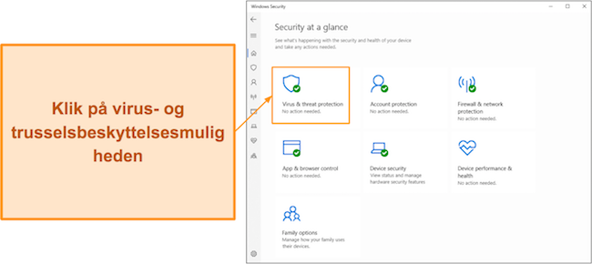 Skærmbillede, der viser, hvordan du åbner Microsoft Defenders Virus- og trusselbeskyttelsesmenu