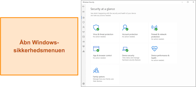 Skærmbillede af hovedmenuen i Windows Sikkerhed