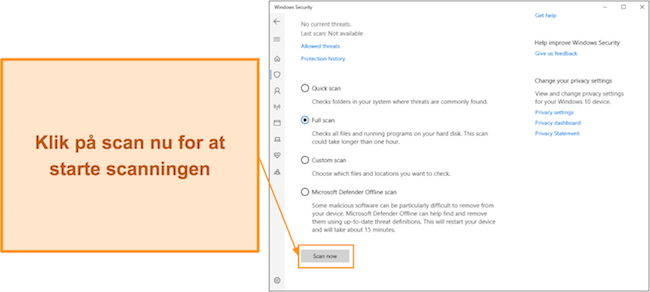 Skærmbillede, der viser, hvordan man starter en scanning med Microsoft Defender
