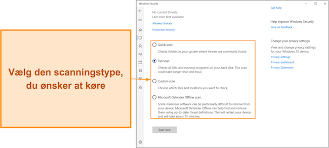 Skærmbillede af Microsoft Defenders forskellige tilgængelige scanningstyper