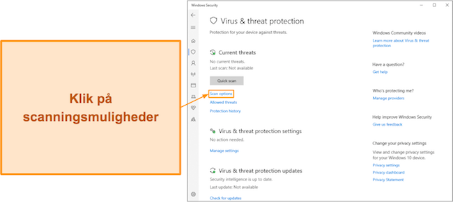 Skærmbillede, der viser, hvordan du får adgang til Microsoft Defenders scanningsmuligheder