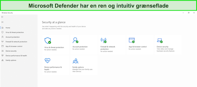 Skærmbillede af Microsoft Defenders hovedmenu