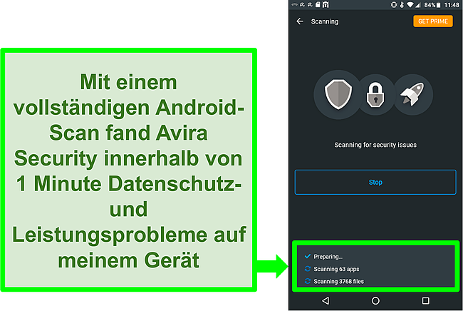 Screenshot eines Scans über den Fortschritt mit Avira Security kostenlos für Android