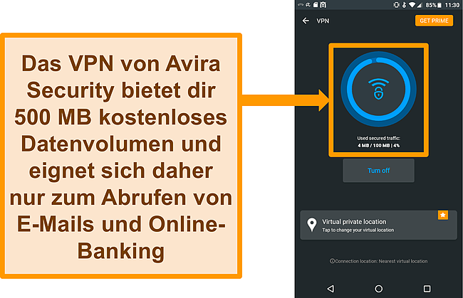 Screenshot von Avira Securitys kostenlosem Android-VPN verbunden