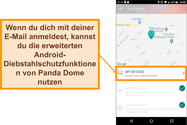 Screenshot des Anti-Diebstahl-Systems von Panda Dome auf einem Android-Mobilgerät