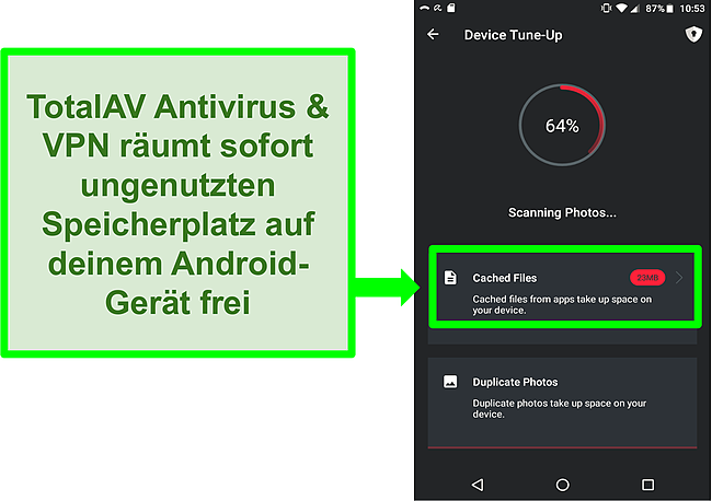 Screenshot der Gerätebereinigungsfunktion in TotalAV Antivirus und VPN für Android