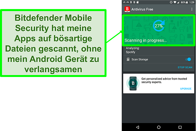 Screenshot der kostenlosen Version von Bitdefender Mobile Security, die ein Android-Mobilgerät scannt