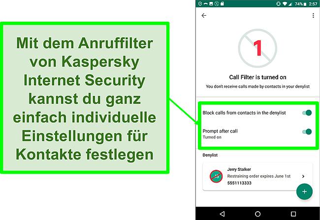 Screenshot der Anruffilterfunktion von Kaspersky Internet Security auf einem Android-Mobilgerät