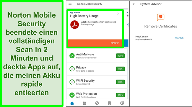 Screenshot eines Scans unter Android mit Norton Mobile Security