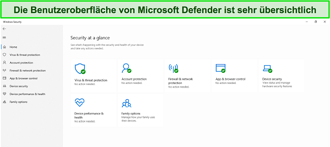 Screenshot des Hauptmenüs von Microsoft Defender